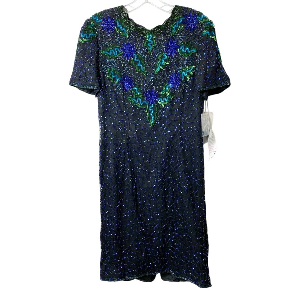 Adrianna Papell Boutique Evening 100% Silk Beading Sequins Dress Women 12 Silk